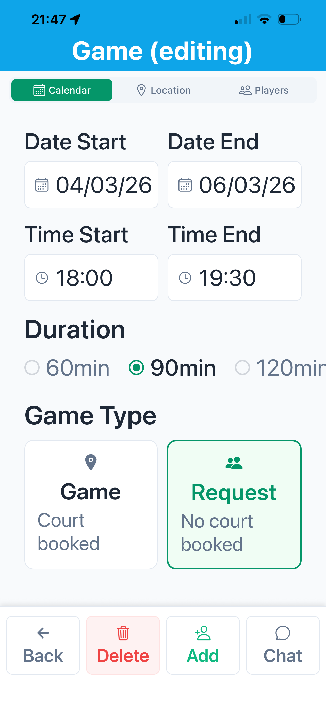 Select game date and time