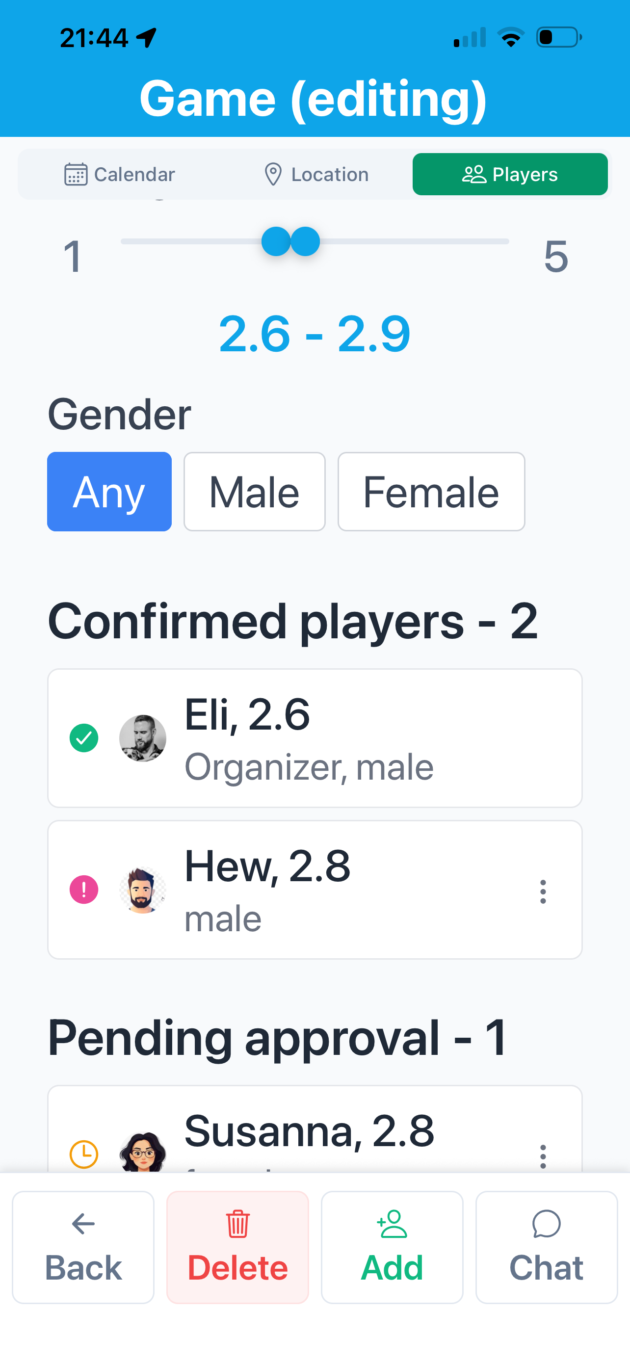 Players requirements screen