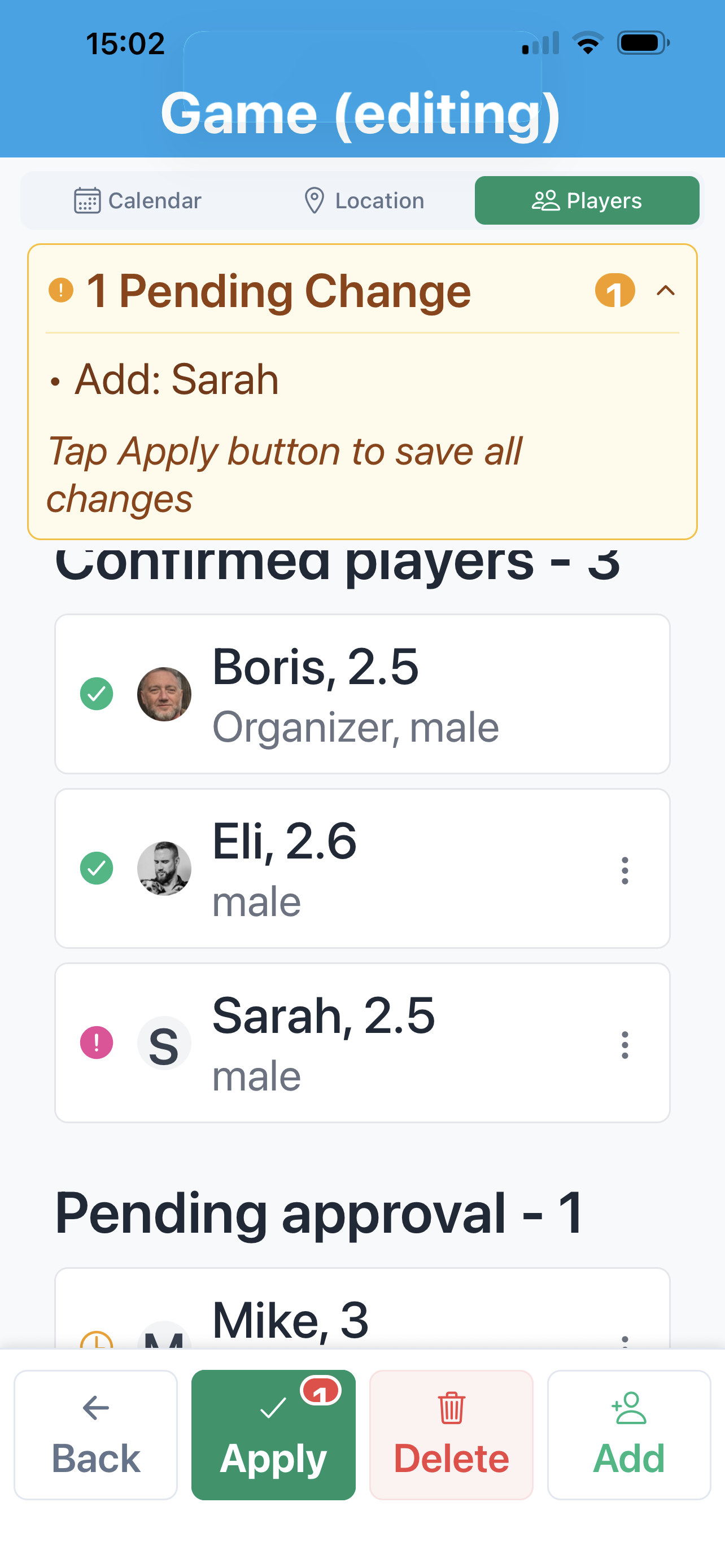Add players screen