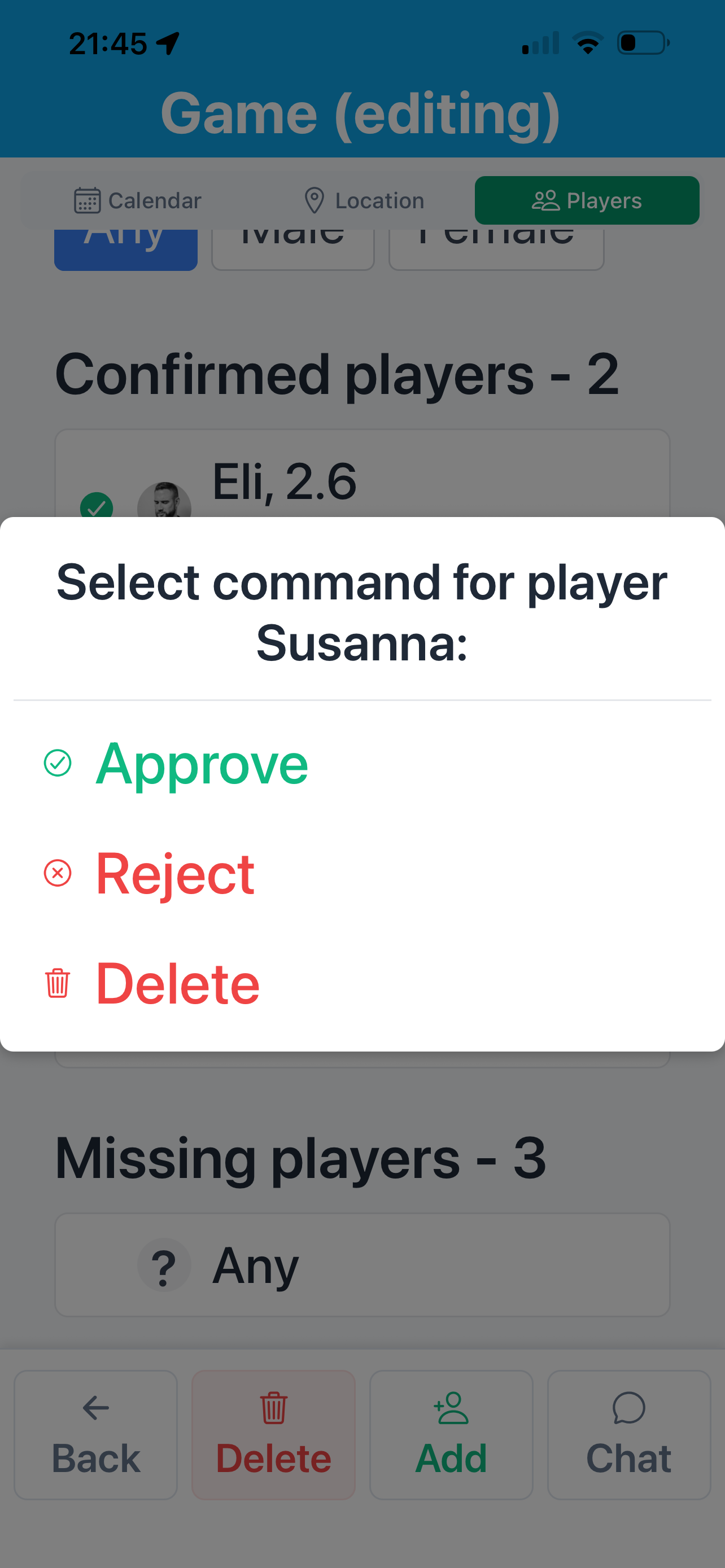 Approve or reject player