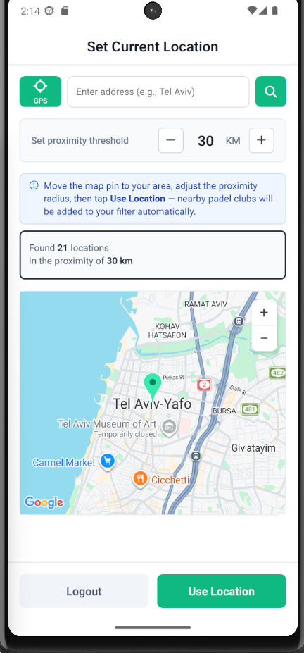 Set location and radius screen